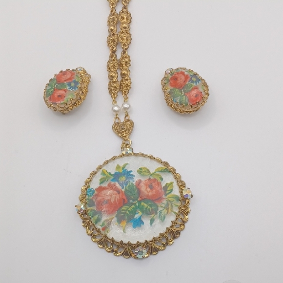 Western Germany Jewelry - Western Germany Floral Gold Tone Filigree Jewelry Set